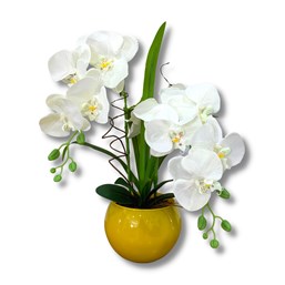 Arranjo de Orquídea Branca Permanente no Vaso Amarelo