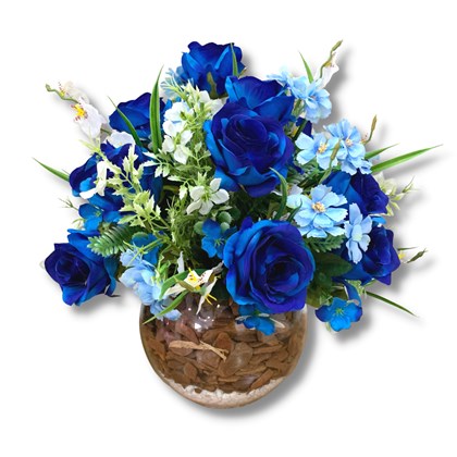 Arranjo de Rosas Azuis Permanentes no Vaso de Vidro
